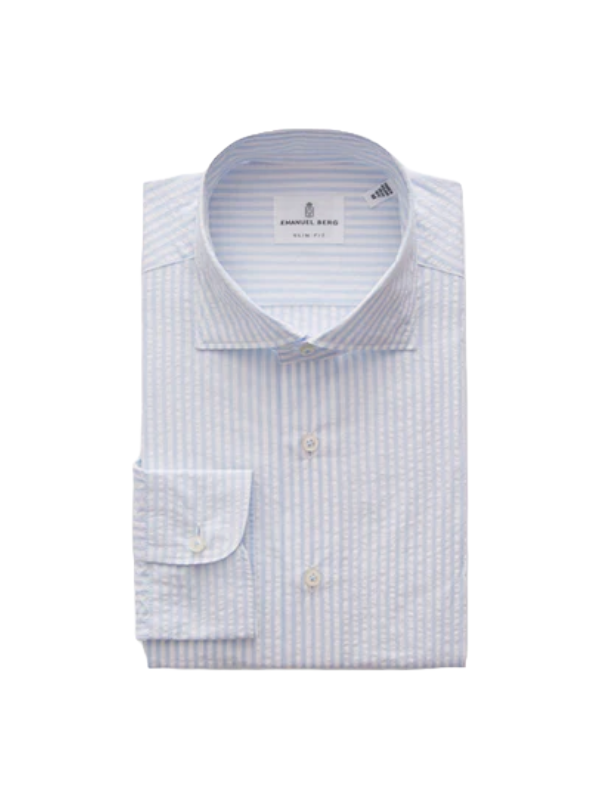 Textured Crinkle Hybrid Shirt in Blue/White Stripe