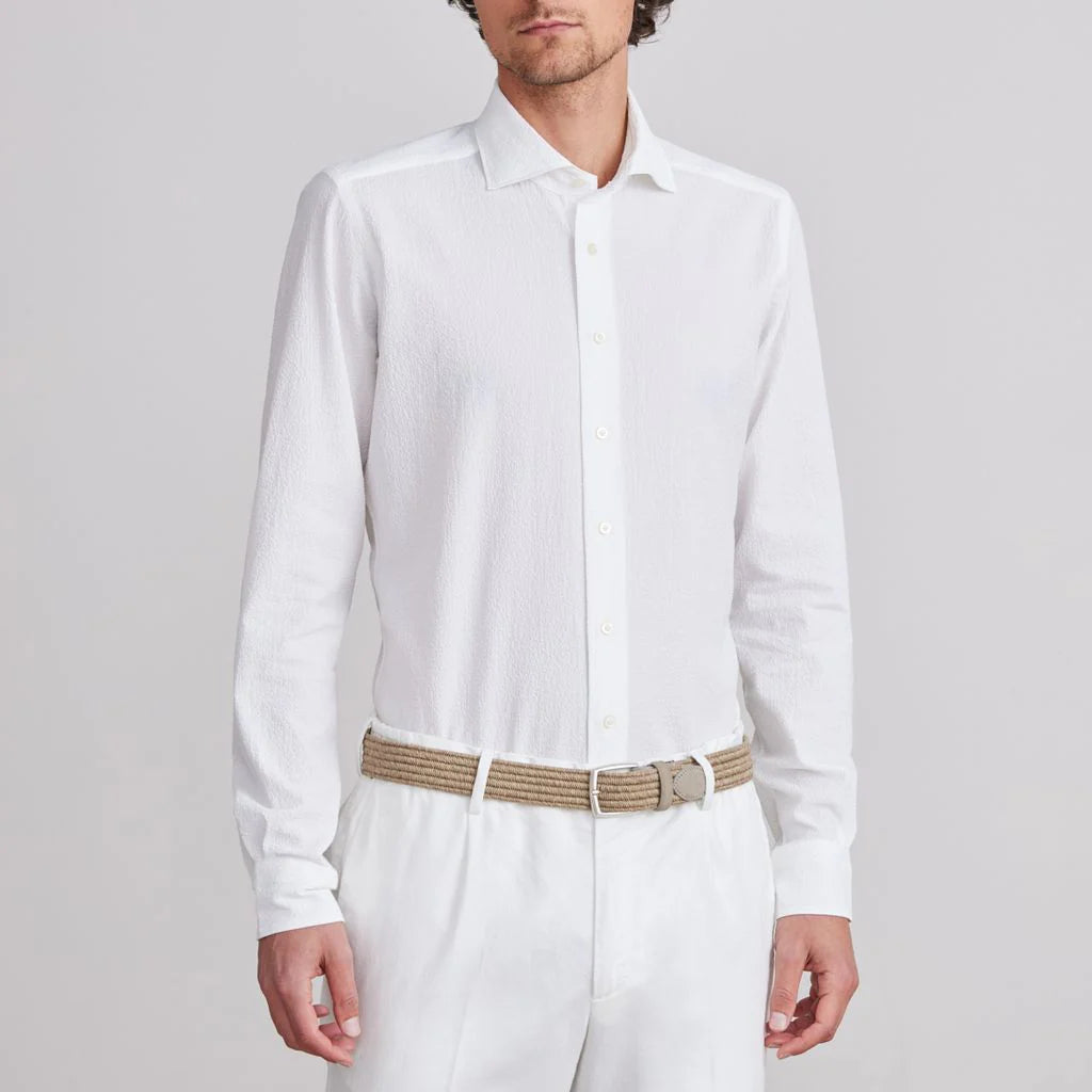 Textured Crinkle Casual LS Shirt in White