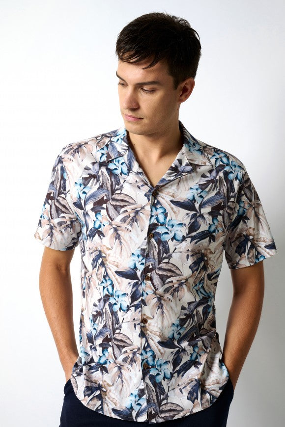Beige Tropical Print SS Lido Shirt