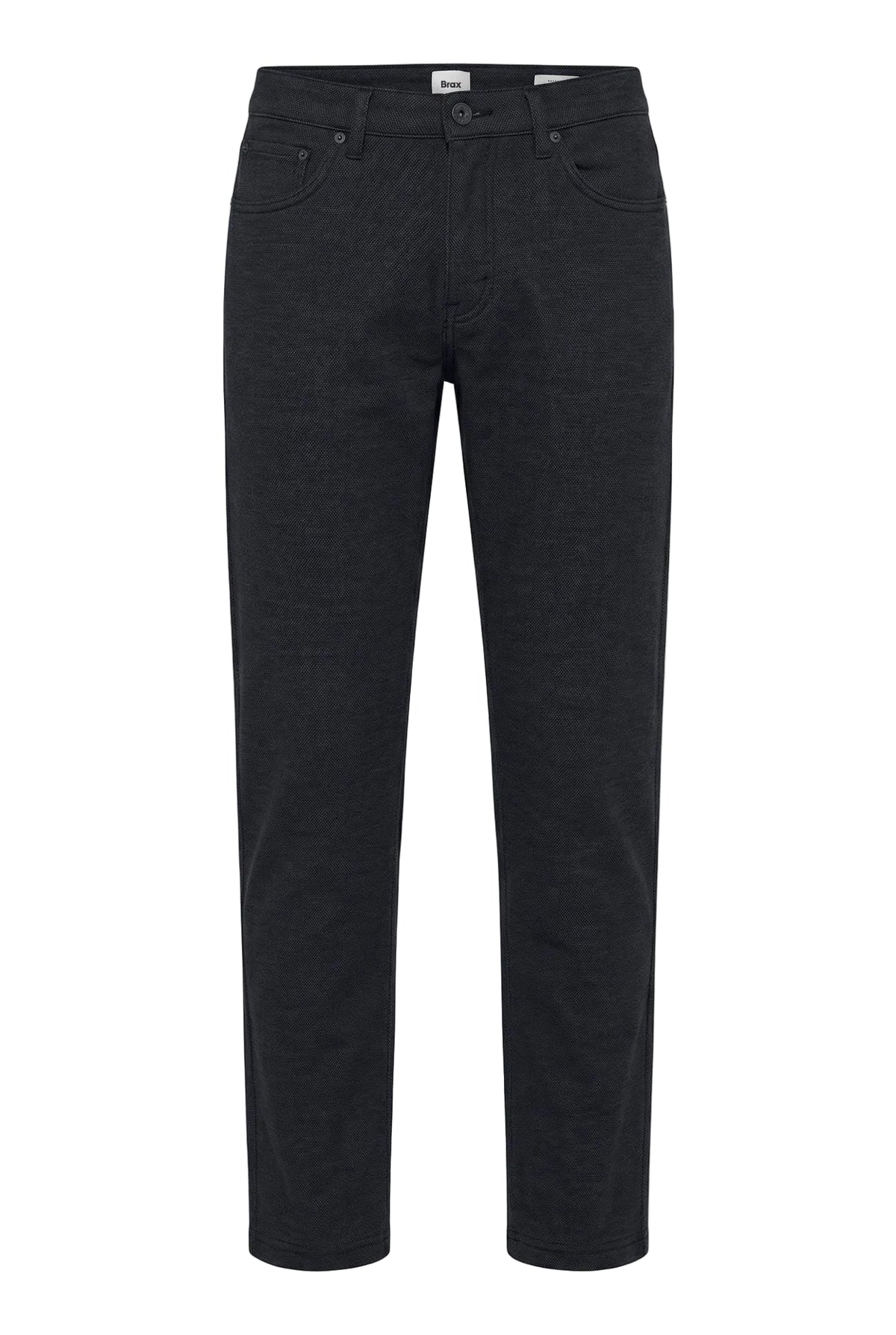 A pair of slim-fit dark charcoal gray jeans shown flat against a solid white background.