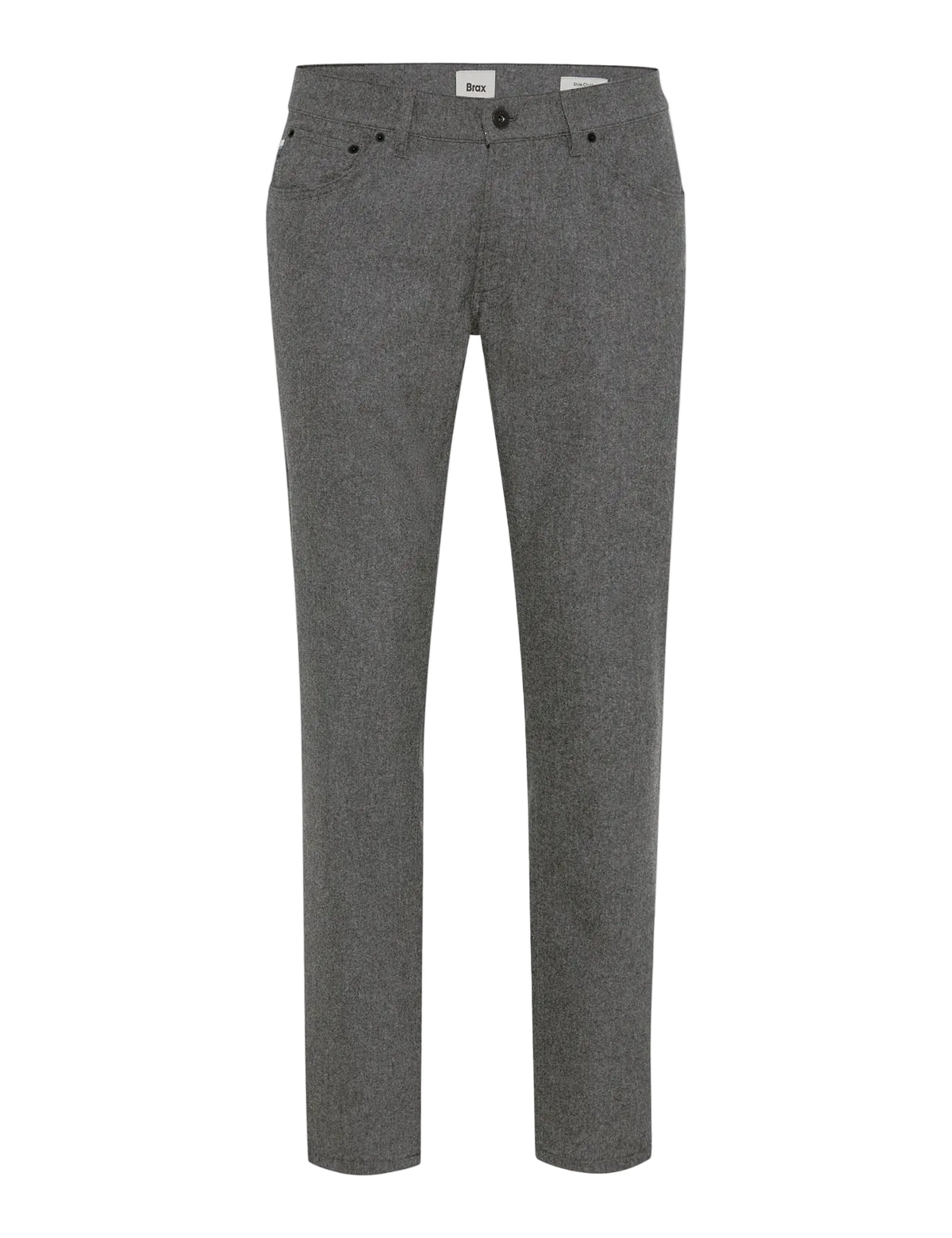 A pair of men's slim-fit trousers in a textured gray herringbone fabric, shown flat against a light gray background.