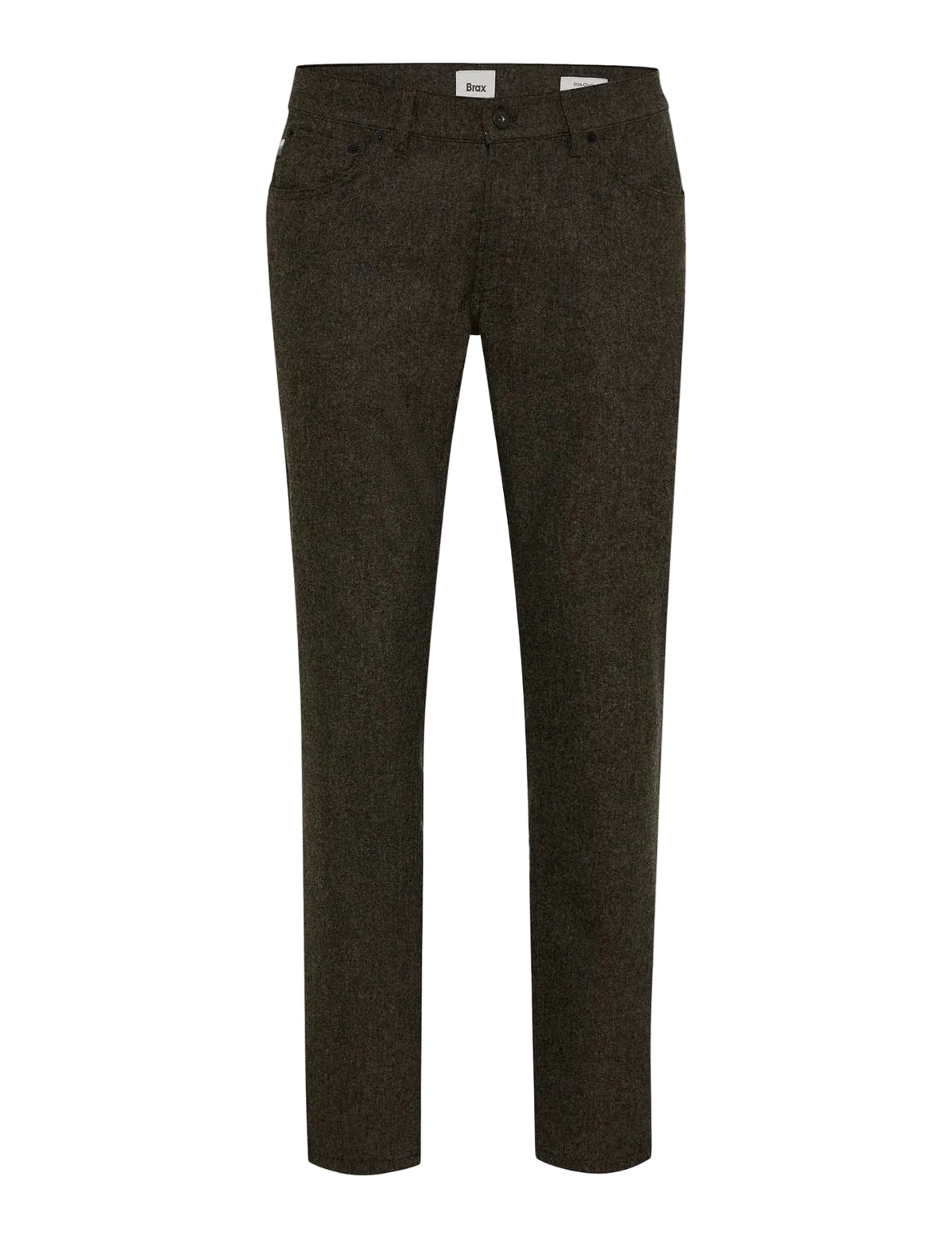 A pair of dark brown tweed trousers shown flat against a light gray background.