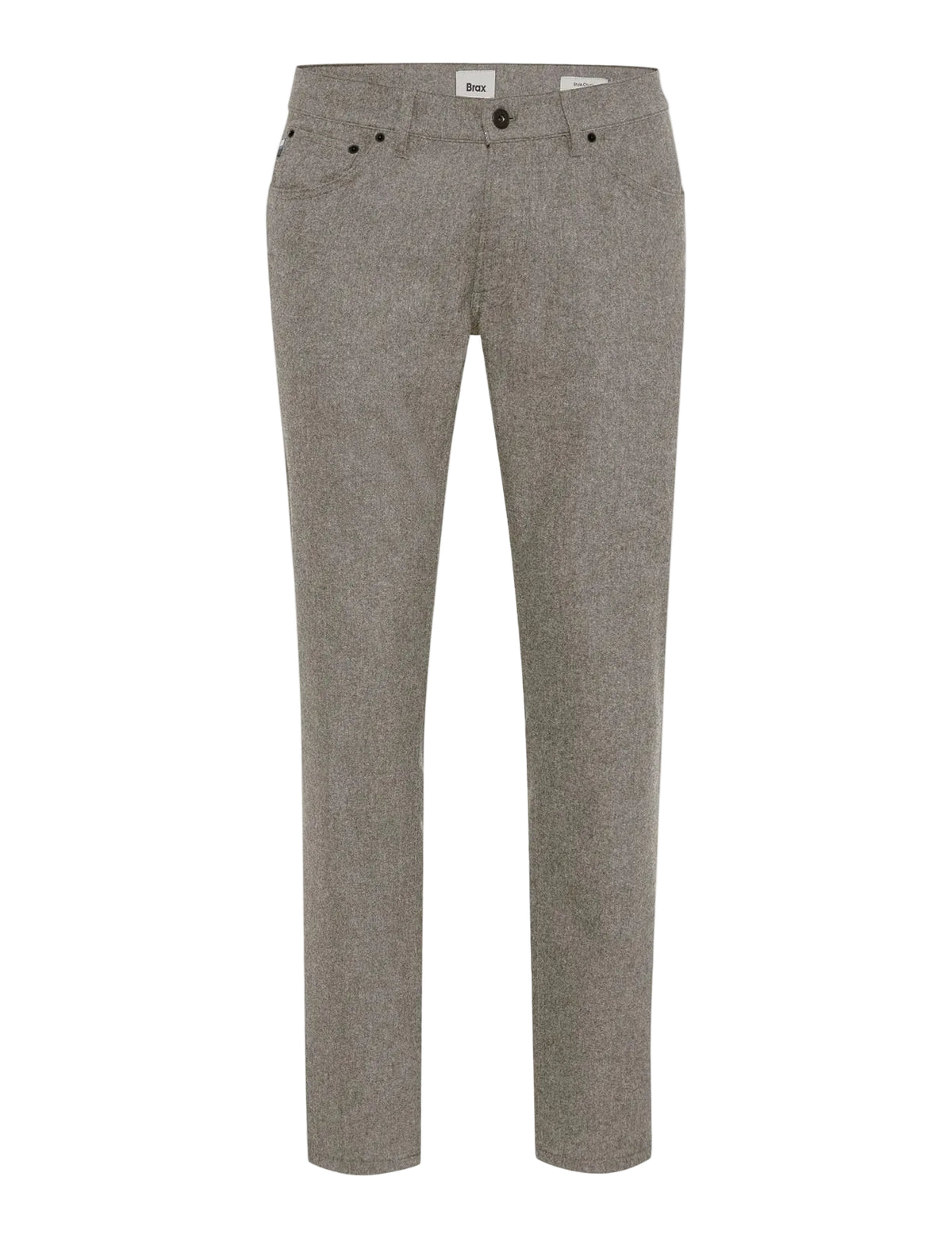 A pair of slim-fit trousers in a heathered gray fabric, shown flat against a solid white background.