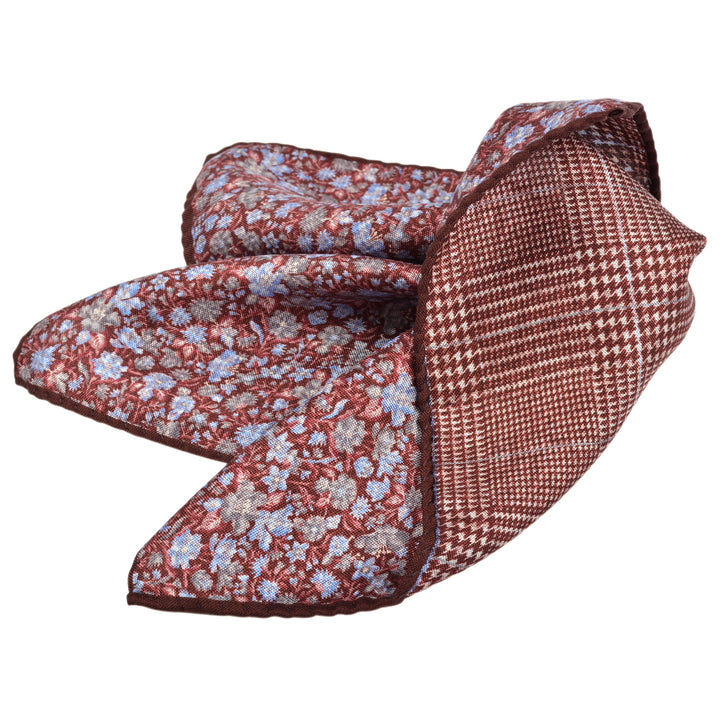 Wine Floral/Check Silk Reversible Pocket Square