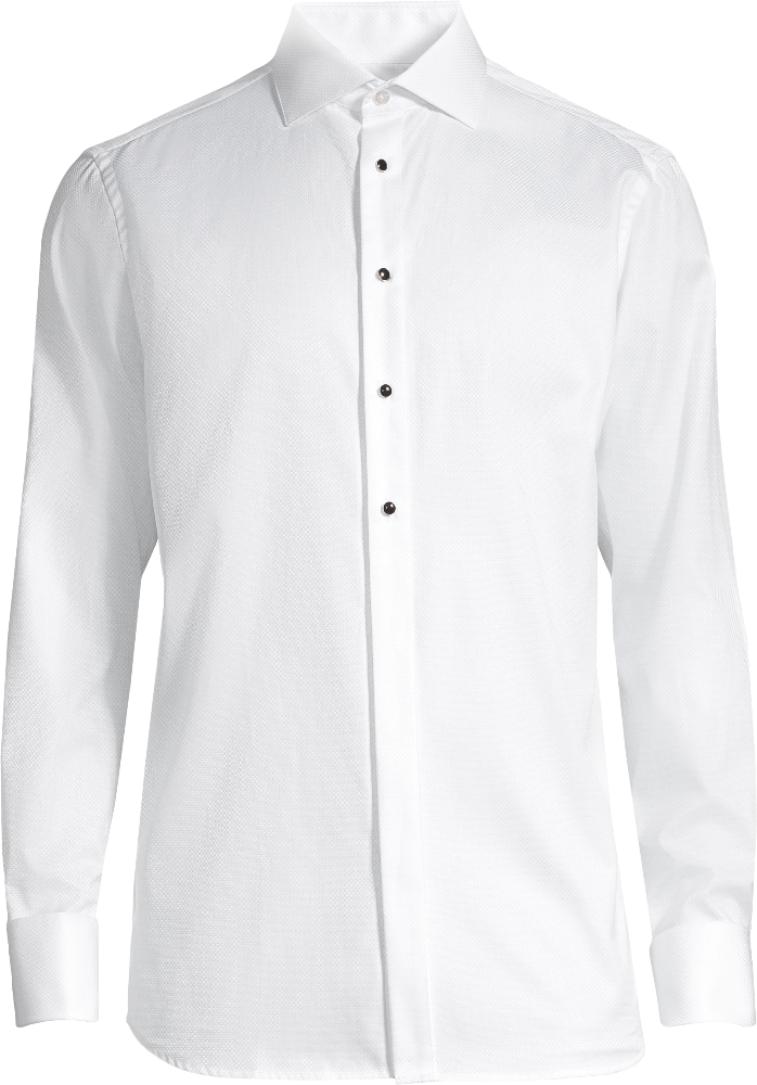A white tuxedo slim fit dress shirt with black buttons.