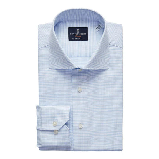 Natural Stretch Yoga Twill Premium Luxury Dress Shirt in Pastel Blue Check