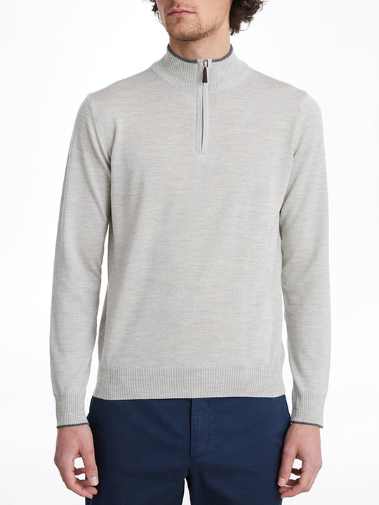 Light Grey Mock Neck Quarter-Zip Wool Sweater