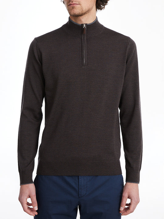 Brown Mock Neck Quarter-Zip Wool Sweater