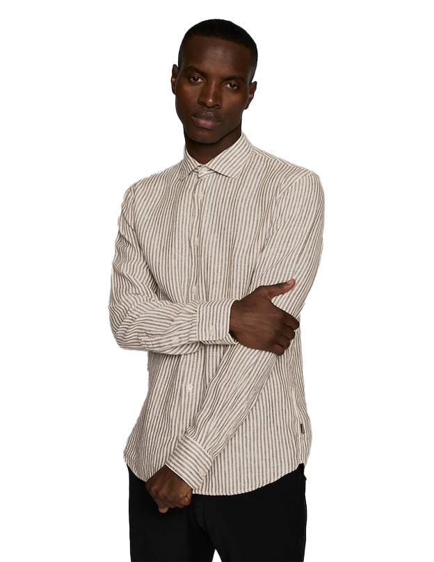 Marc Short Linen Shirt In Brown Soil Stripe