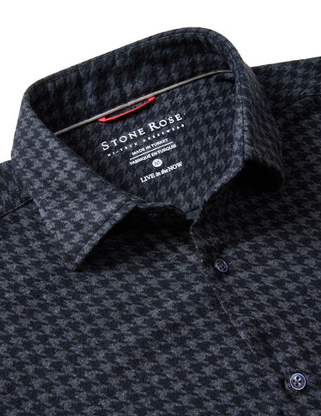 Navy Houndstooth Brushed LS Jersey Fleece