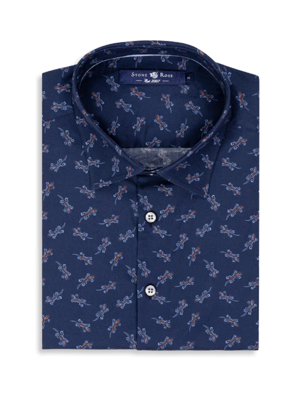 Navy Lizard Print Short Sleeve Shirt