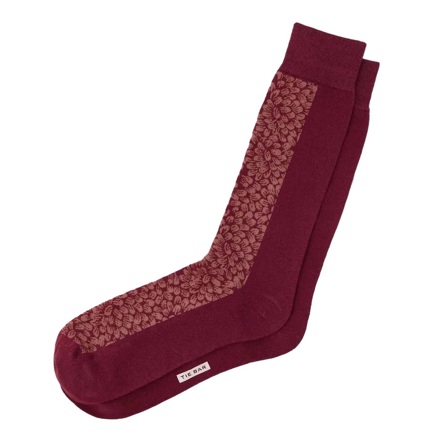 A pair of burgundy crew socks with a textured floral lace pattern panel on the sides and toes, displayed on a light gray background.