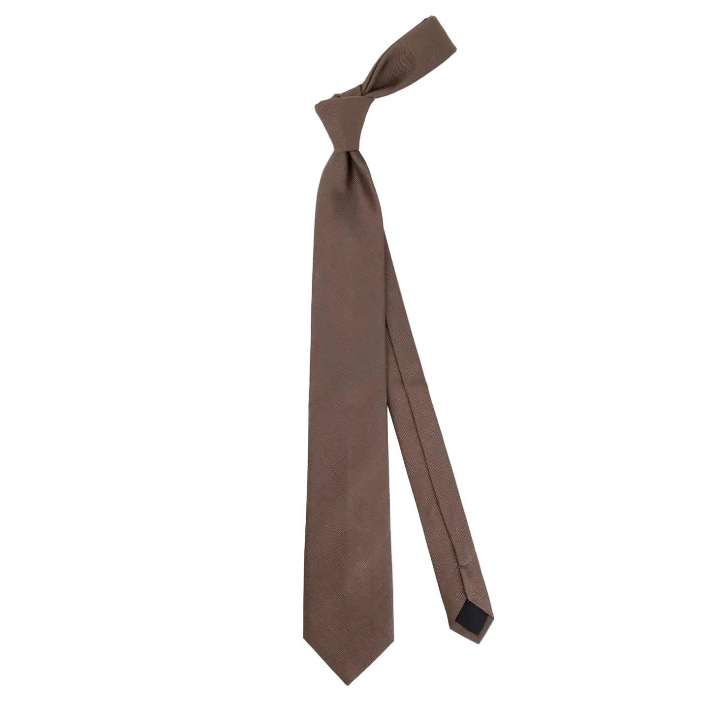 A classic brown necktie with a matte finish, styled in a knot and laid flat against a clean, light gray background.