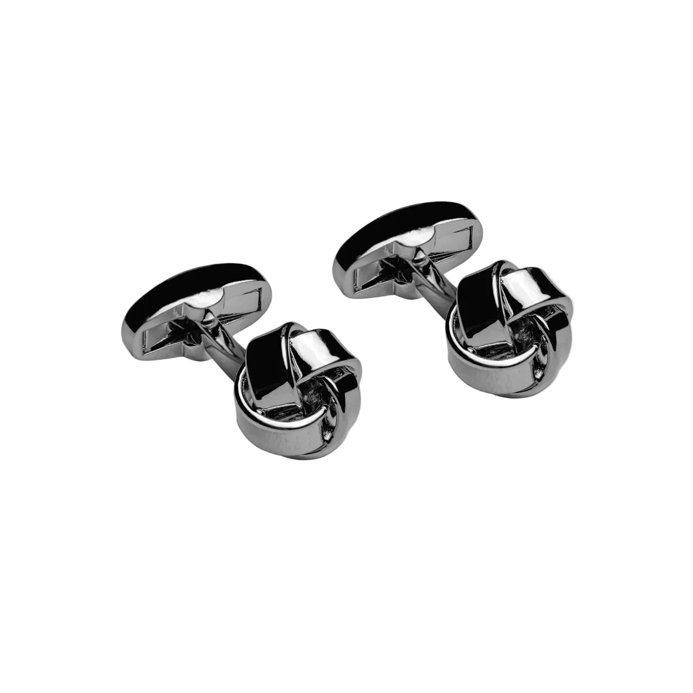 Pair of silver knot cufflinks on a white background