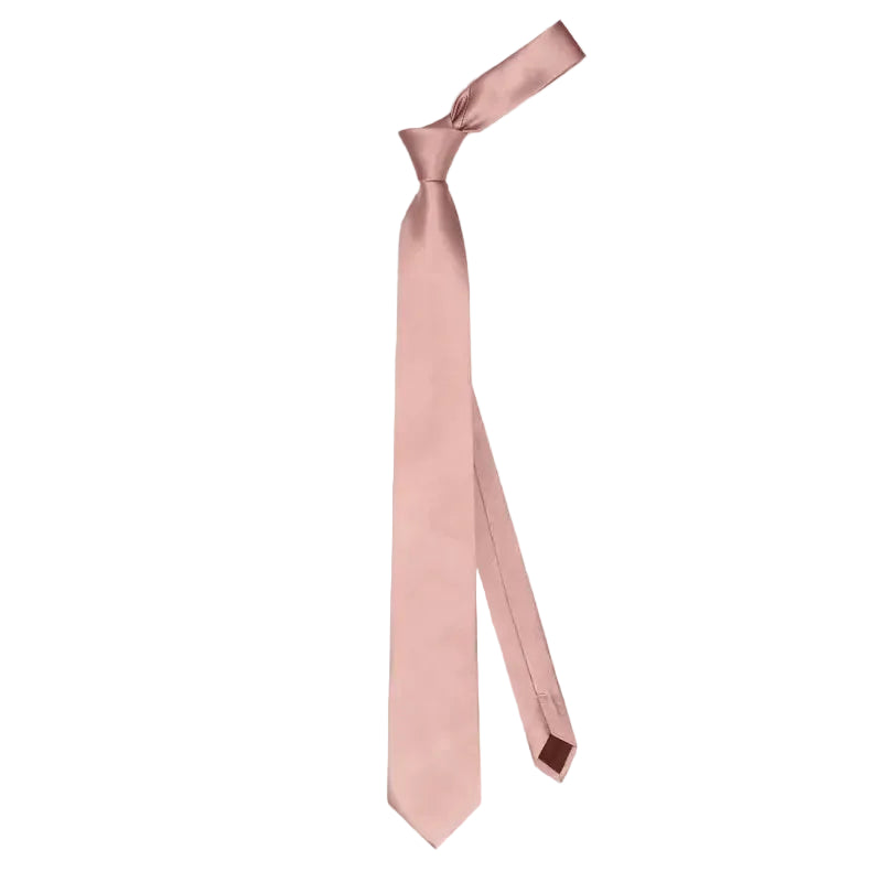 A dusty pink necktie with a satin-like finish, neatly knotted and displayed against a clean, light gray background.