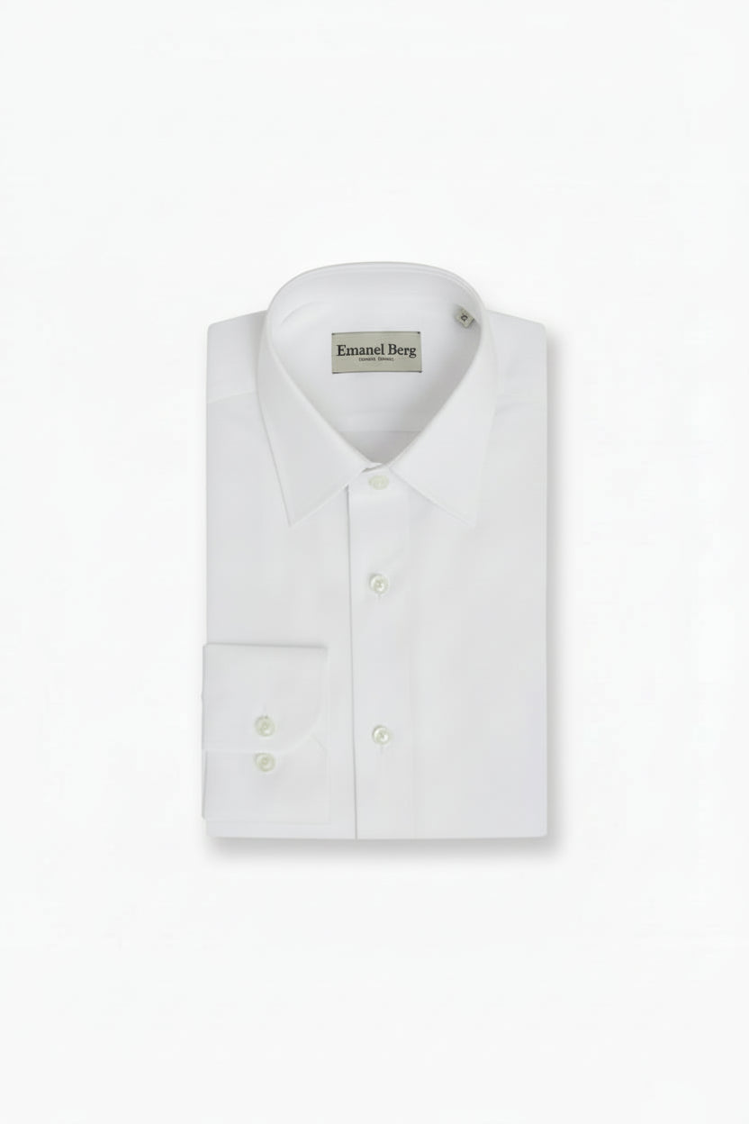 White dress shirt with a collar label on a light gray background