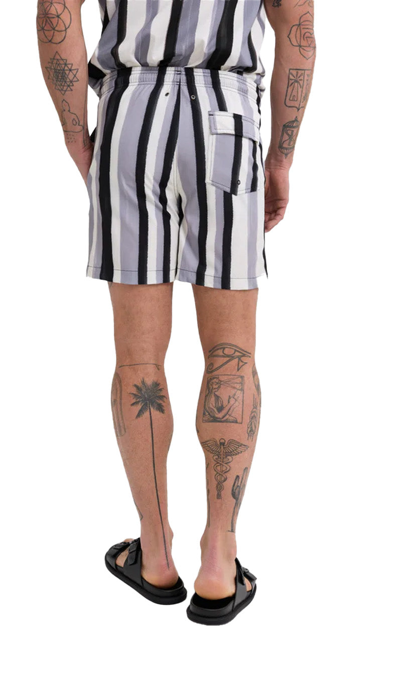 Black striped swim shorts from the back