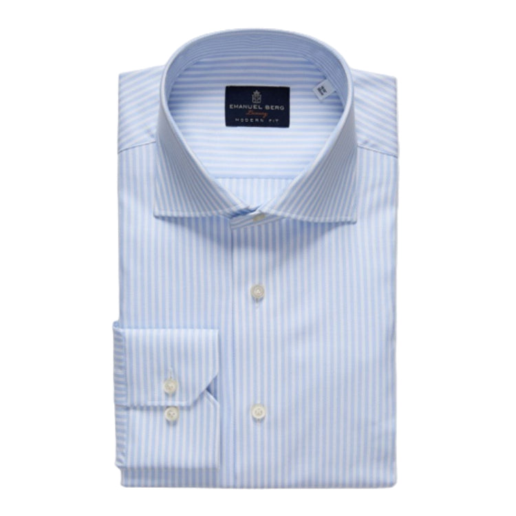Natural Stretch Yoga Twill Premium Luxury Dress Shirt in Blue Stripe