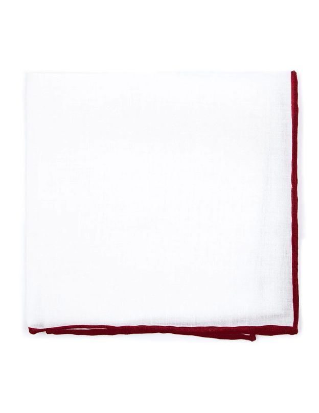White Linen With Rolled Border Burgundy Pocket Square