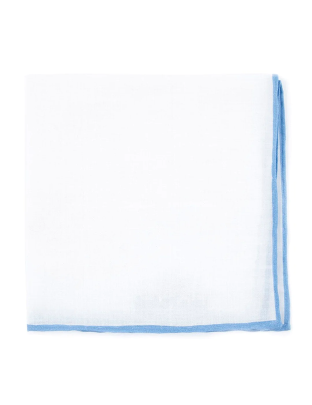 White Linen With Rolled Border Sky Blue Pocket Square