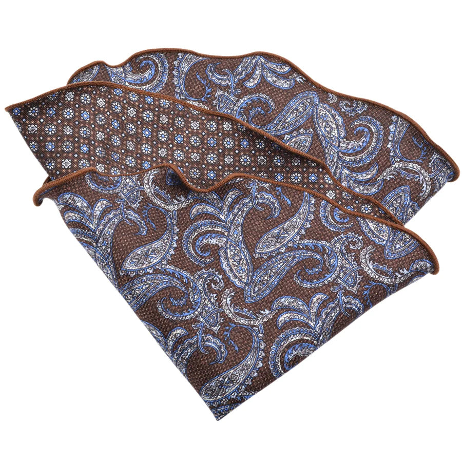 Silk Reversible Brown/Blue Paisley Pocket Round