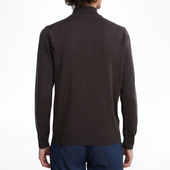 Brown Mock Neck Quarter-Zip Wool Sweater