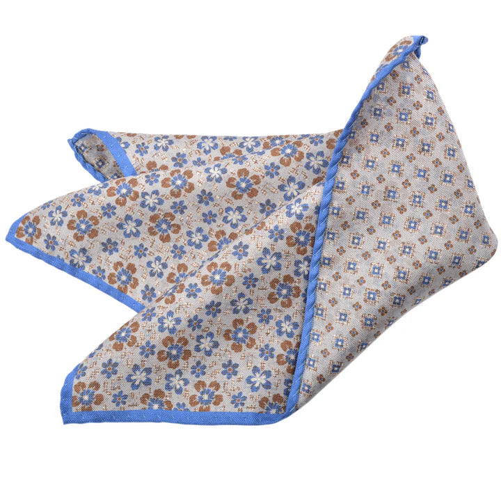 Floral Medallion Pocket Square in Silver/Blue/Brown