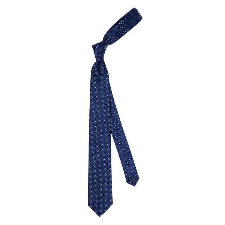 Navy blue tie with a subtle pattern on a light gray background