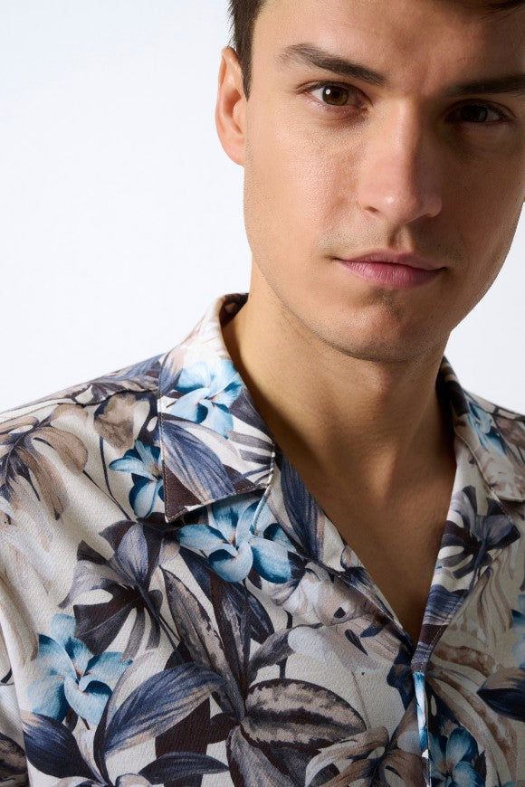 Beige Tropical Print SS Lido Shirt