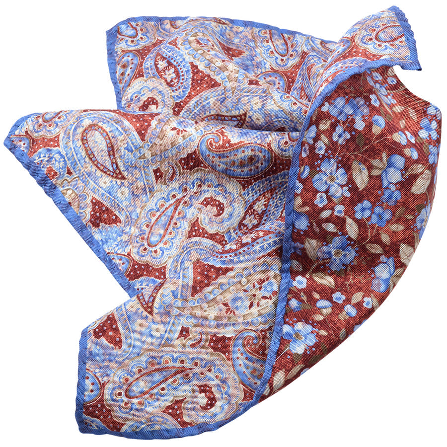 Silk Reversible Burgundy/Blue Paisley Floral Pocket Square