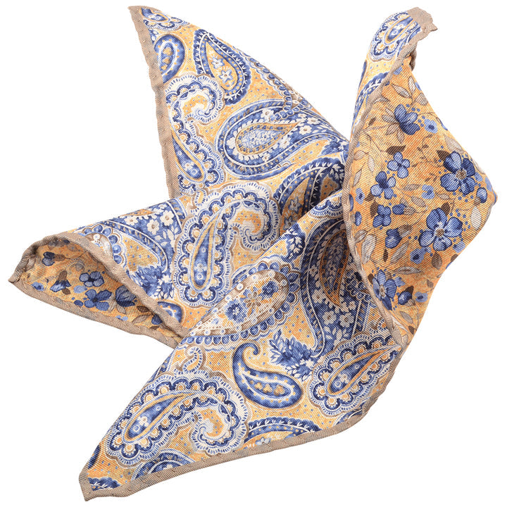 Silk Reversible Yellow/Blue Paisley Floral Pocket Square