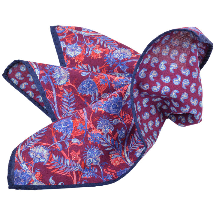 Silk Reversible Purple/Red Paisley/Floral Floral Pocket Square