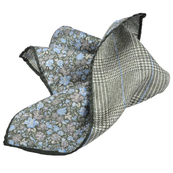 Sage Green Floral/Check Silk Reversible Pocket Square