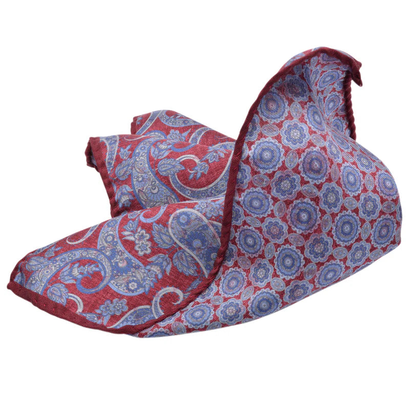 Burgundy/Blue Paisley Medallion Reversible Pocket Square