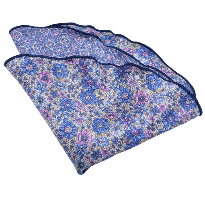 Silk Reversible Blue/Silver Floral Pocket Round