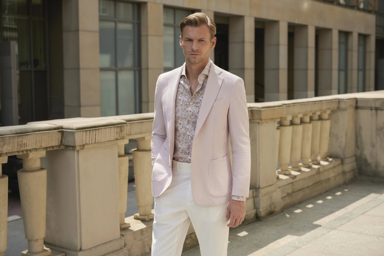 Man in light pink blazer and white pants standing on a balcony with a building in the background