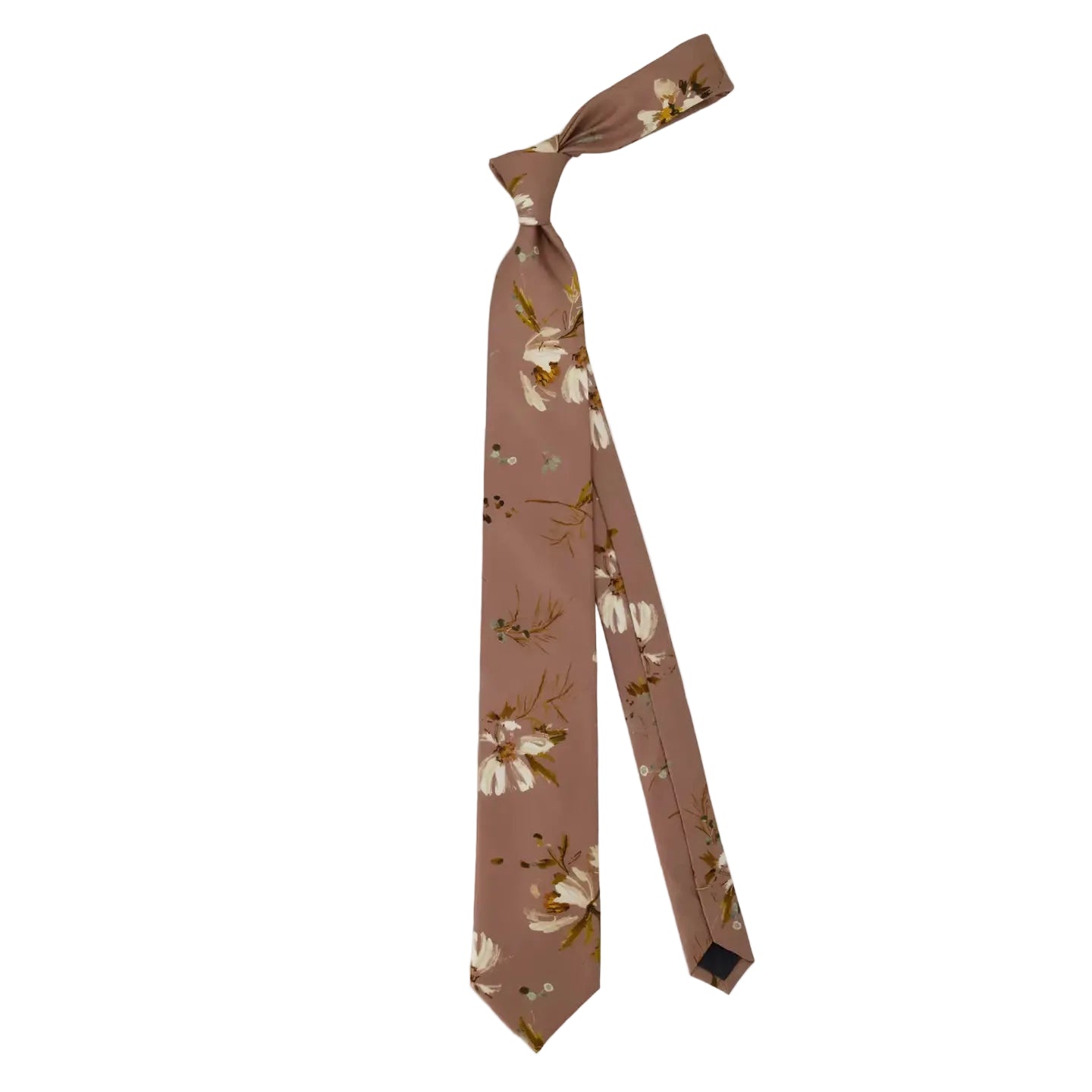 A slim necktie in a dusty mauve-brown color, decorated with a delicate white and olive green floral pattern, shown on a light gray background.
