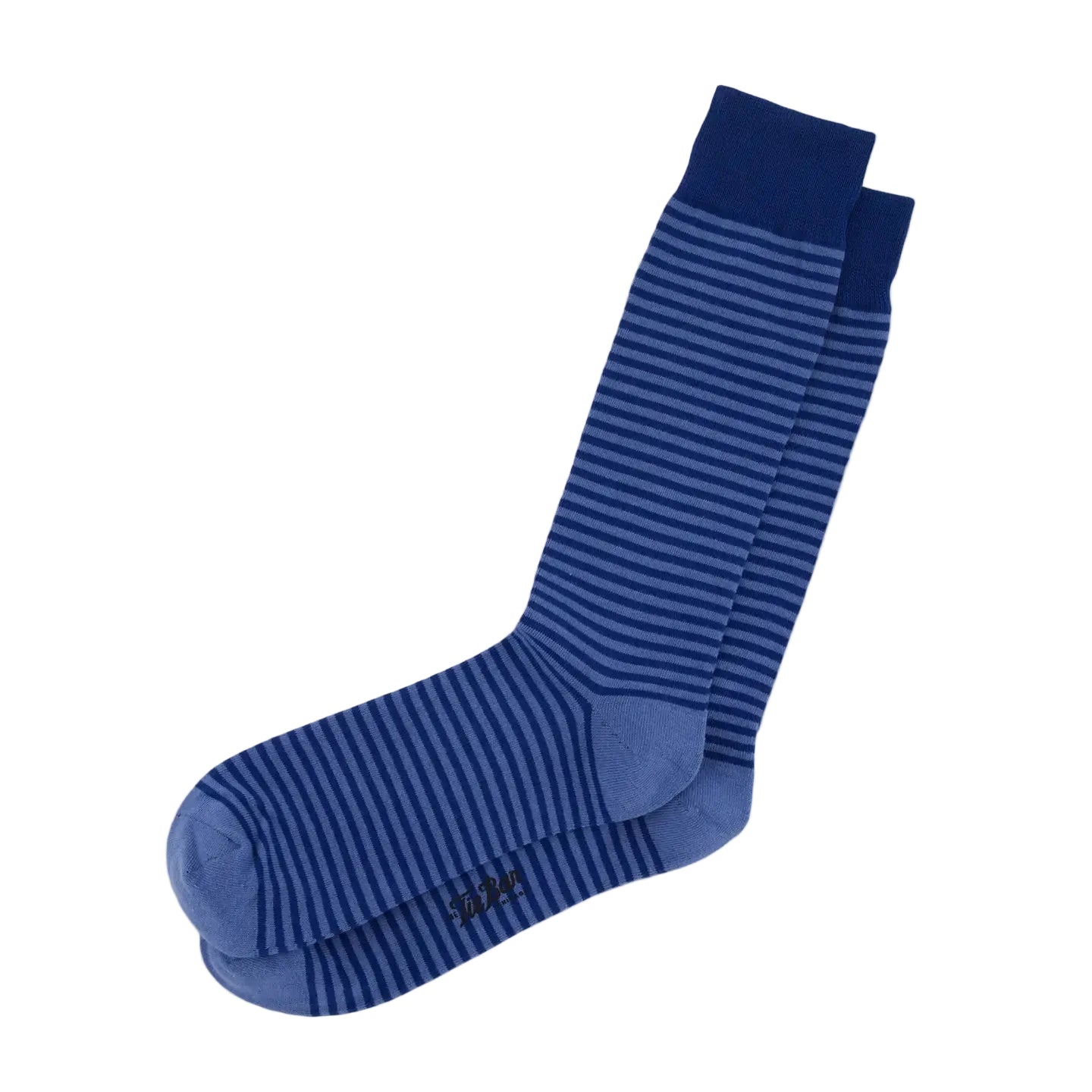 A pair of blue crew socks with thin horizontal stripes, featuring a solid dark blue cuff and toe, displayed on a light gray background.