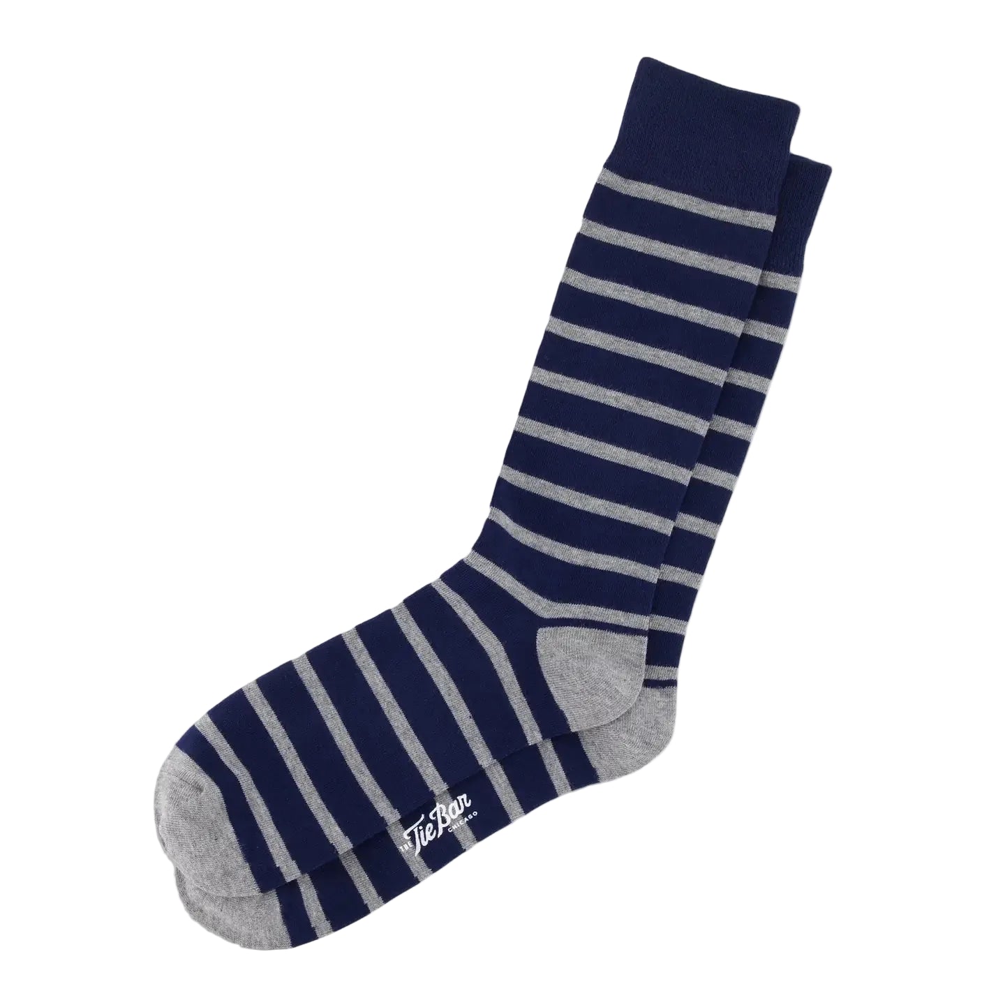 A pair of navy blue and gray striped crew socks with solid gray heels, toes, and cuffs, featuring a small white 'The Fish' logo on the toe, displayed on a light gray background.