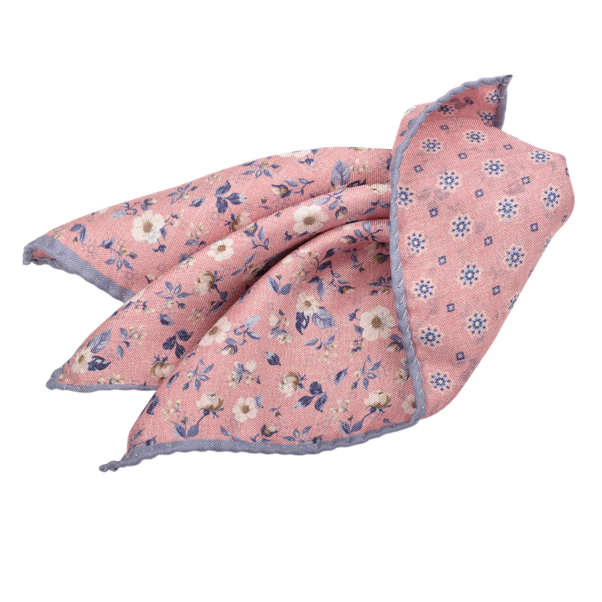 Pink Blue Floral Medallion Reversible Pocket Square