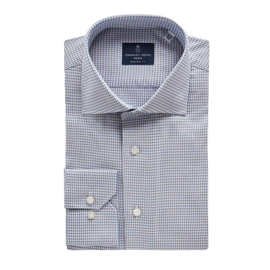 A folded dress shirt with a small blue and white gingham pattern, featuring a pointed collar, button-down front, and a single-button cuff, displayed on a light gray background.