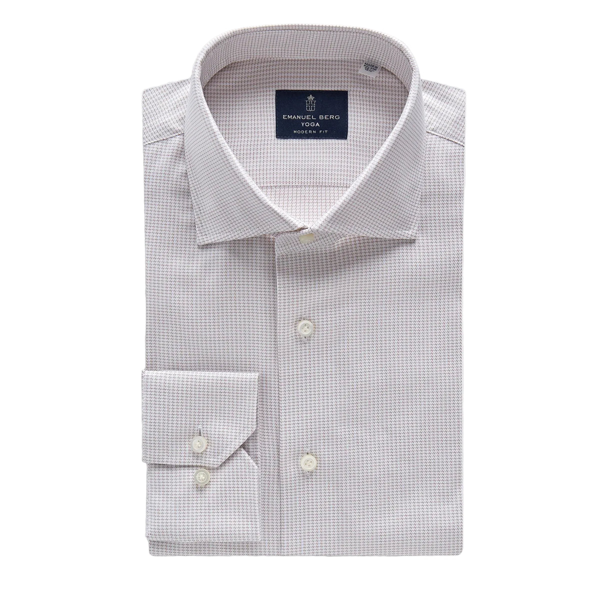 A folded dress shirt by Daniel & Schroeder in a fine micro-check pattern of light gray and white, featuring a pointed collar, button-down front, and a single-button folded cuff, set against a light gray background.