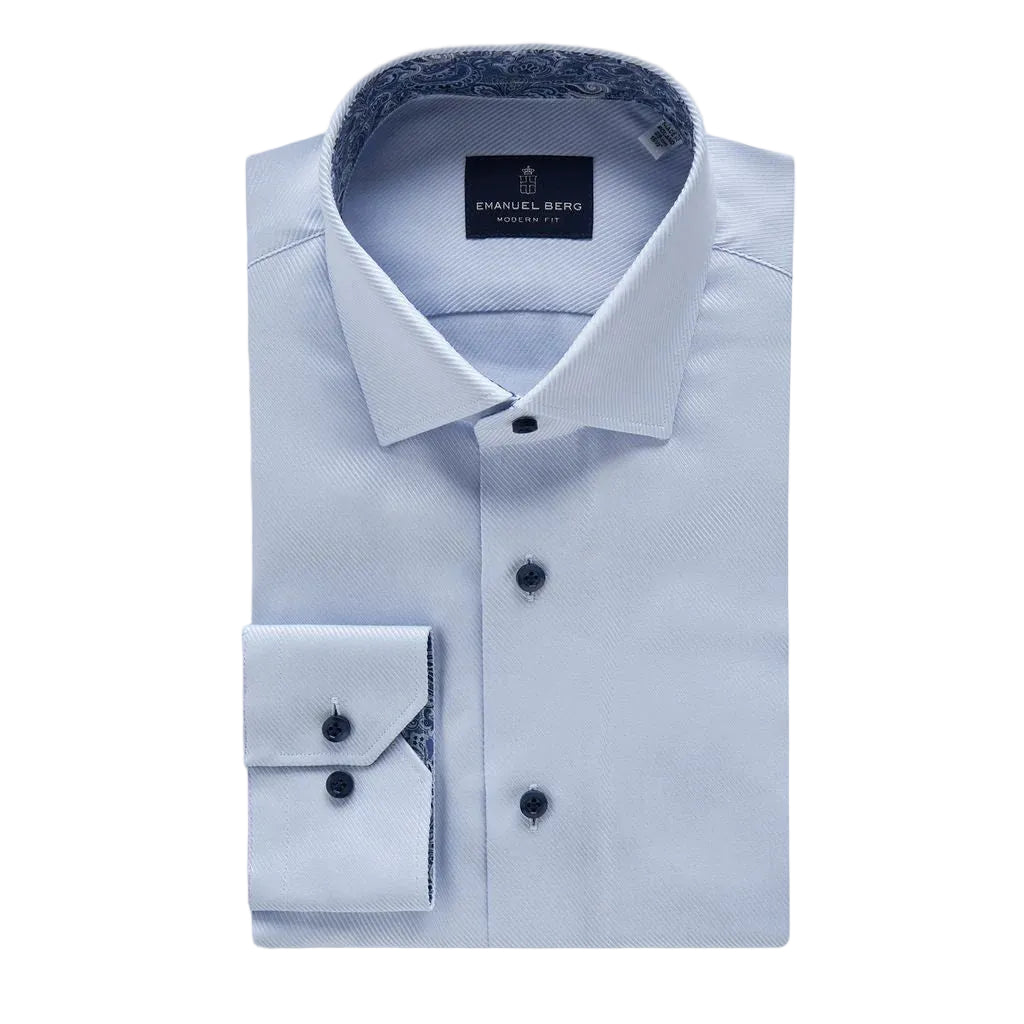 Light blue dress shirt with a brand label on a light gray background