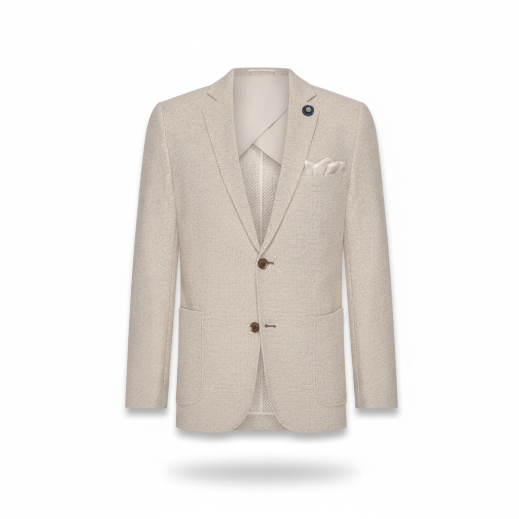 Beige blazer with a white shirt and pocket square on a light gray background