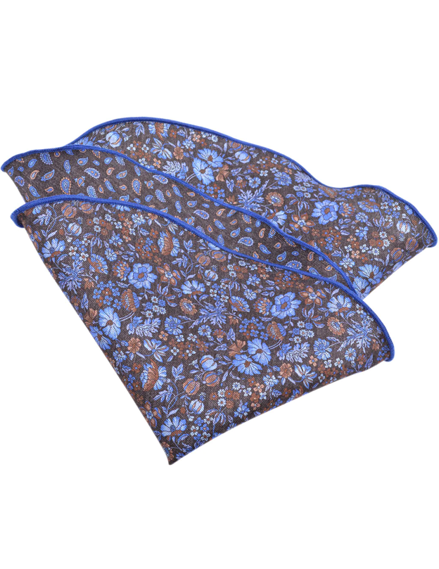 Silk Reversible Pocket Round in Blue Brown Floral