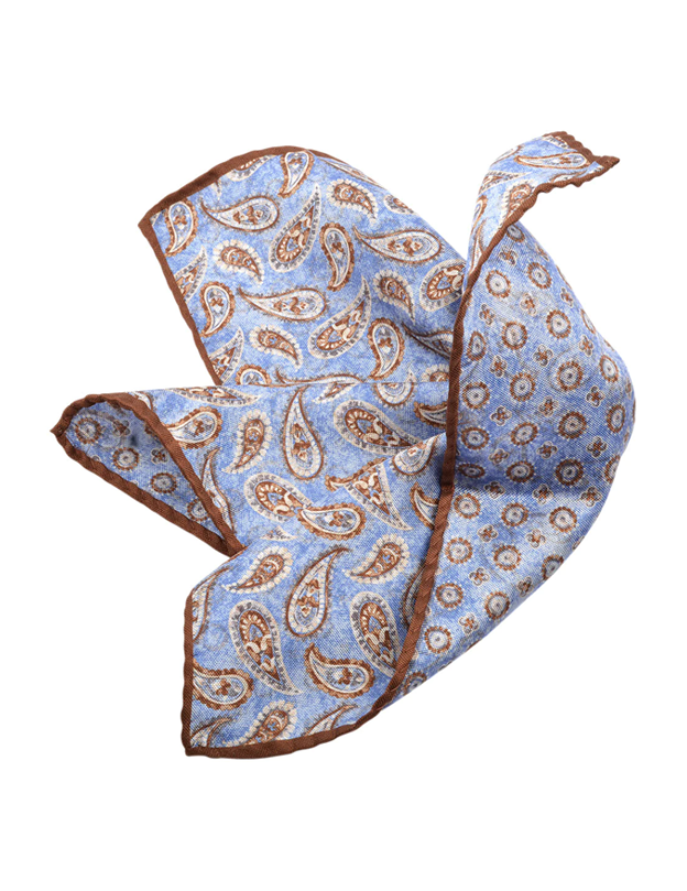 Silk Reversible Pocket Square in Blue/Brown Paisley