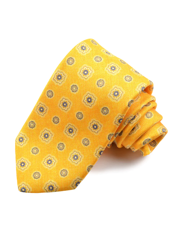 Silk Tie in Yellow Blue Floral Medallion