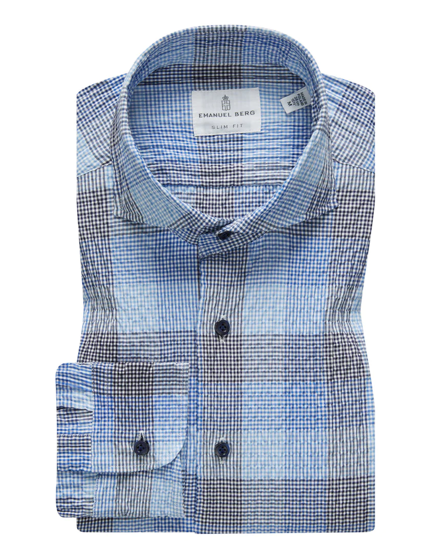 Summer Blue Check Crinkle Textured Hybrid Shirt