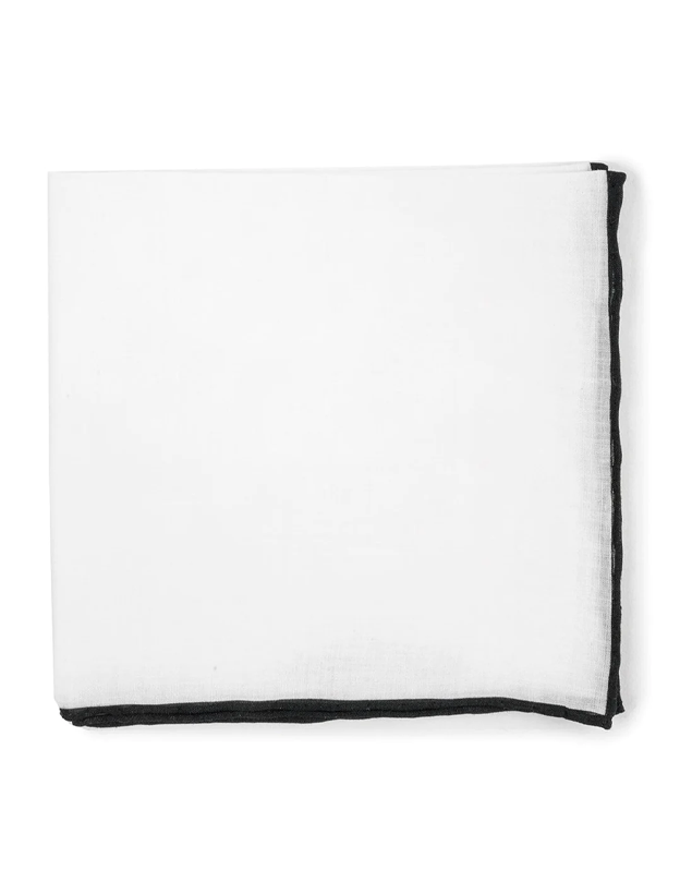 White Linen With Rolled Border Black Pocket Square