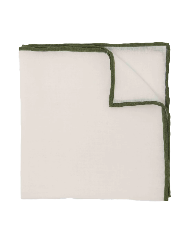 White Linen With Rolled Border Olive Pocket Square